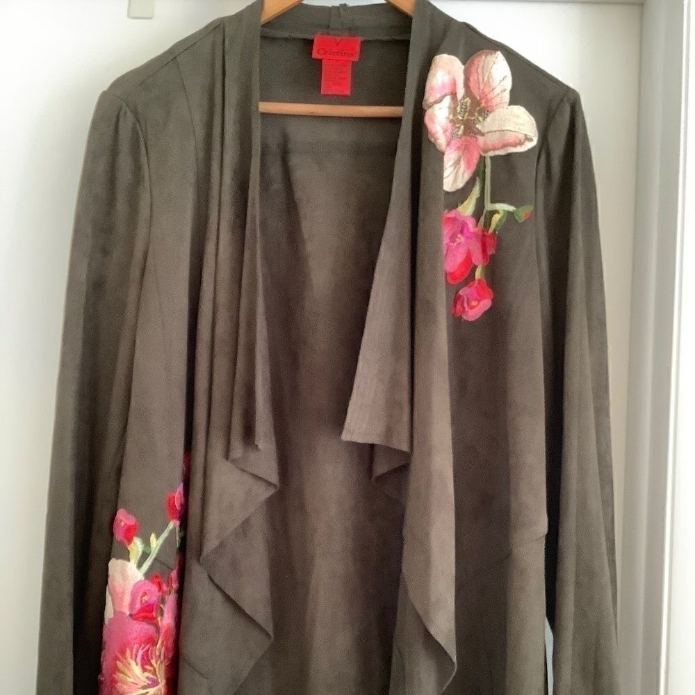 V CHRISTINA FAUX SUEDE MOSS EMBROIDERED LONG SLEEVE WOMAN CARDIGAN/JACKET SIZE L
